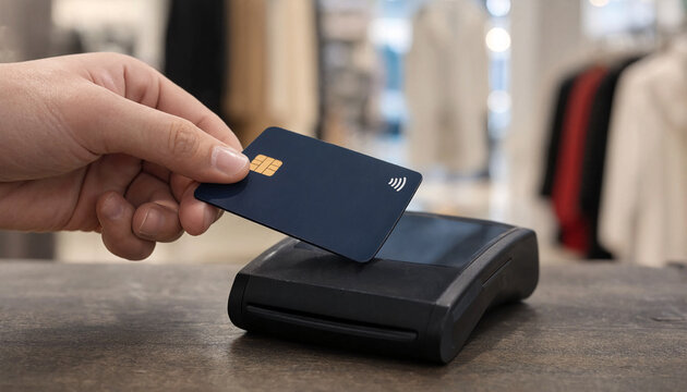 A customer uses a contactless credit card for a mobile payment on a terminal in a store