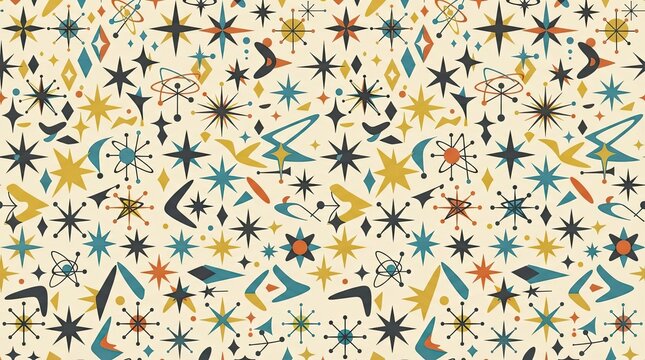 Mid-century modern seamless pattern, retro atomic starburst background, vintage 1950s geometric wallpaper with boomerangs and stars