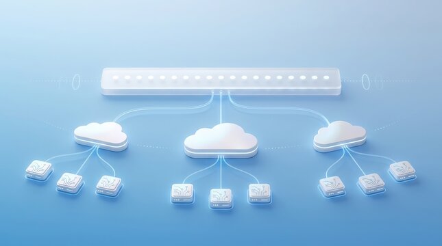 Modern cloud computing network infrastructure with connected data servers illustration