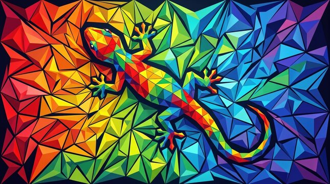 Colorful Geometric Lizard with Bright Triangular Patterns on Vibrant Background