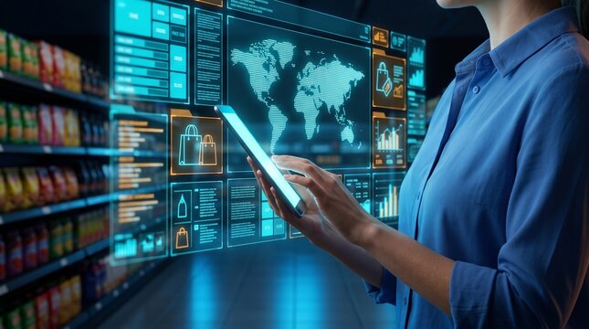 Woman using digital interface in supermarket, showing global data analytics for retail business. 