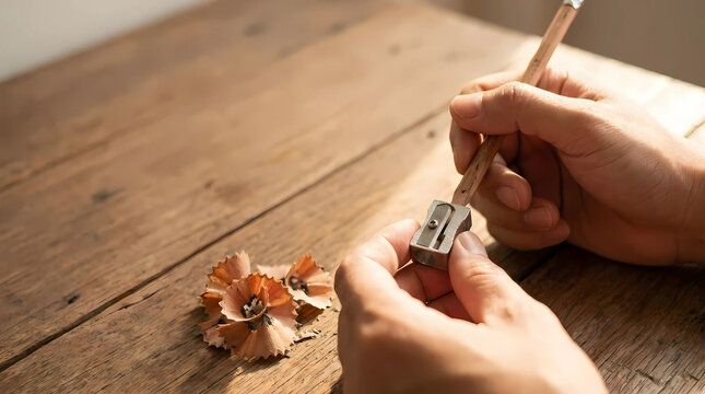 Hands sharpening a wooden pencil with a metal sharpener on a rustic table