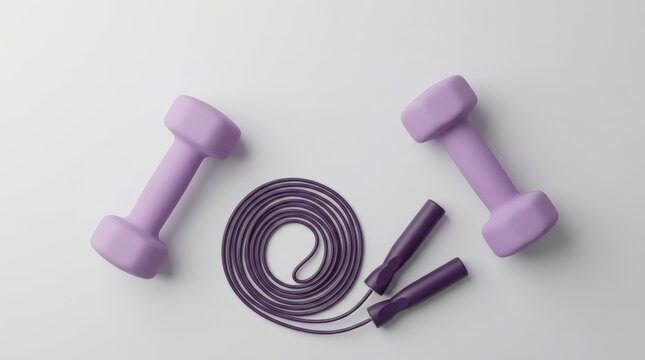 Fitness equipment including dumbbells and jump rope on a white background.