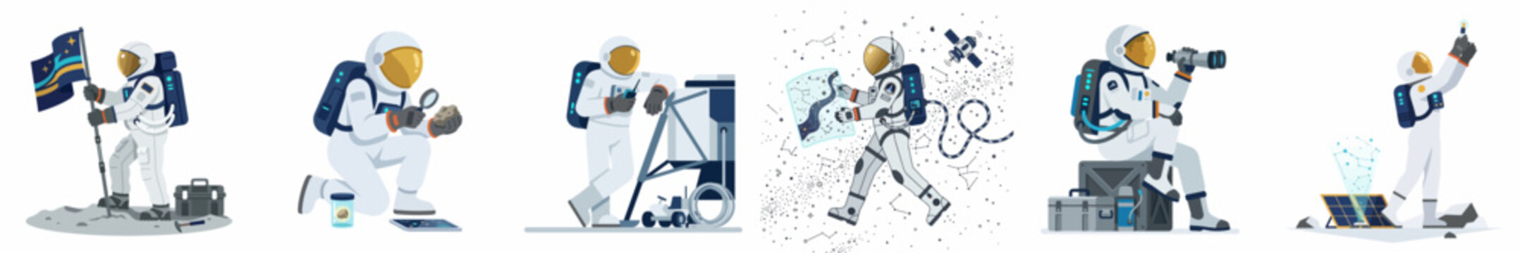 Flat vector illustrations set of astronauts in spacesuits conducting various scientific experiments and exploration missions on a lunar surface isolated on white.