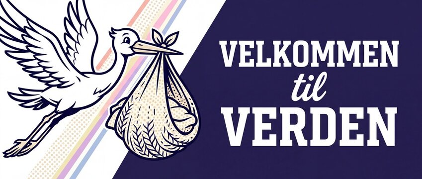 Stork carrying newborn baby bundle flying with Danish text Velkommen til Verden for retro vintage birth announcement card, baby shower graphic, delivery illustration banner and nursery greeting.