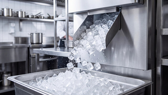 Ice cubes falling from an automatic machine dispenser into a stainless steel bin in kitchen.