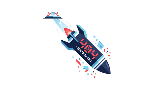 Flat vector illustration of a rocket ship with a 404 error message indicating a failed launch.