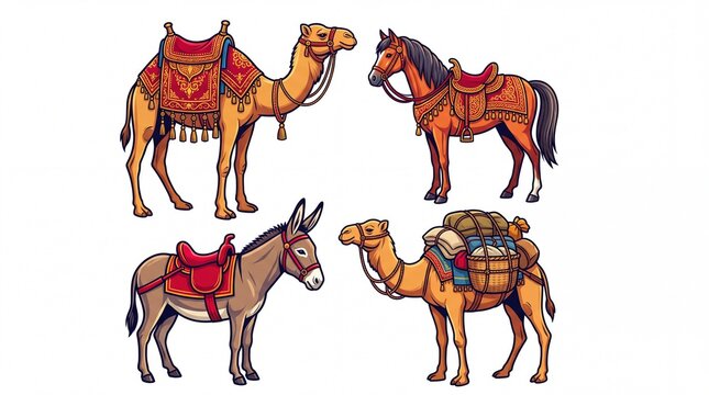 Decorated desert camels and saddled horse and donkey collection depicted in vibrant style on white background