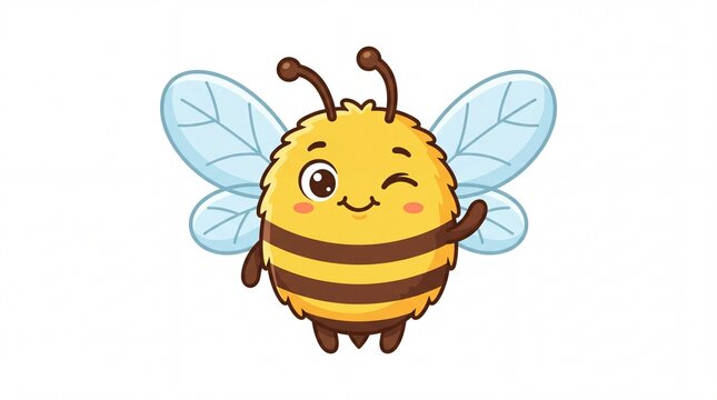 Cute cartoon bee character waving hand and winking in a friendly joyful style on white background