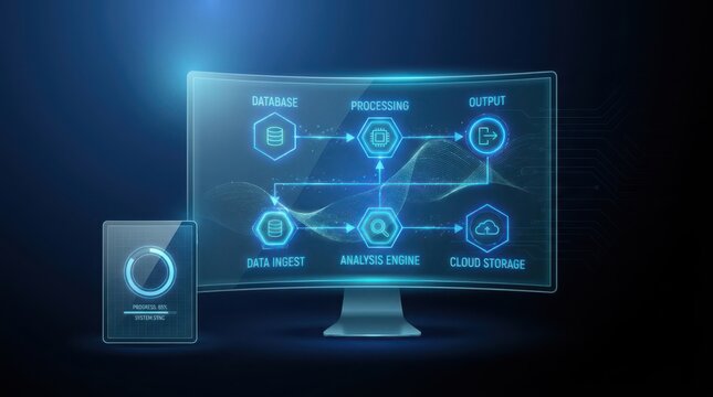 Modern data processing system workflow on futuristic computer interface display