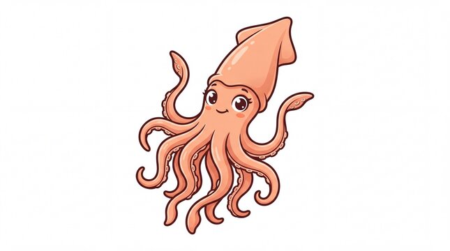 Cute pink cartoon squid character with big eyes and many tentacles swimming isolated on white background