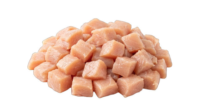 Fresh raw chicken breast meat cubes in a pile isolated on transparent background