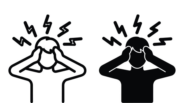 Two flat vector icons depicting a person suffering from a severe headache or migraine with lightning symbols