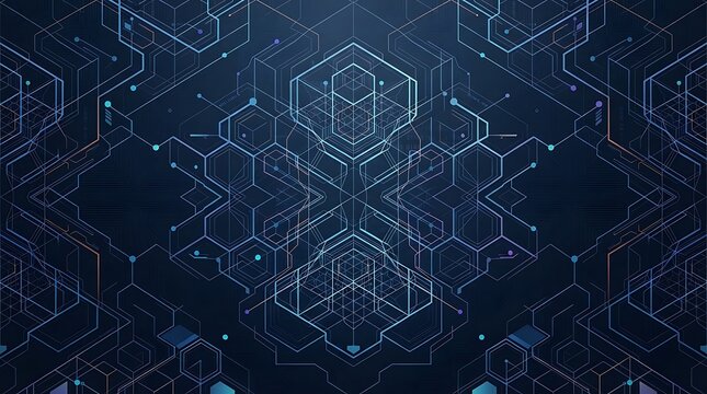 Abstract futuristic blue technology background with glowing circuit lines and geometric shapes.