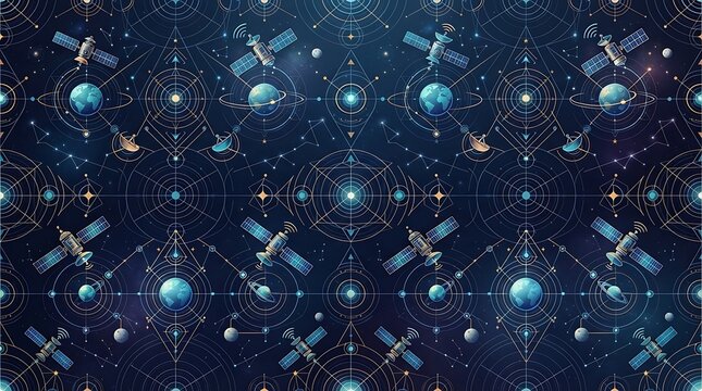 Seamless pattern featuring satellites and geometric celestial charts on a dark blue background.