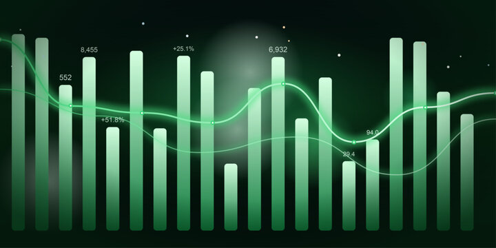 A dynamic 3D bar chart displays financial data with a fluctuating green line graph, set against a dark, starry background, suggesting market trends and analytics.