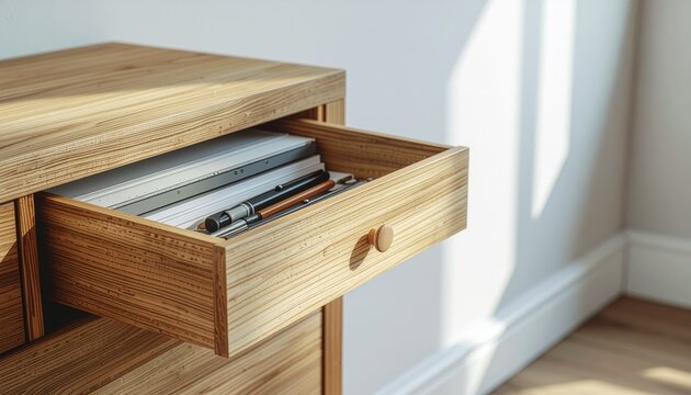 Open wooden drawer with stationery supplies, notebooks and pencils in minimalist home office storage cabinet, natural wood furniture illuminated by soft sunlight, organized workspace interior