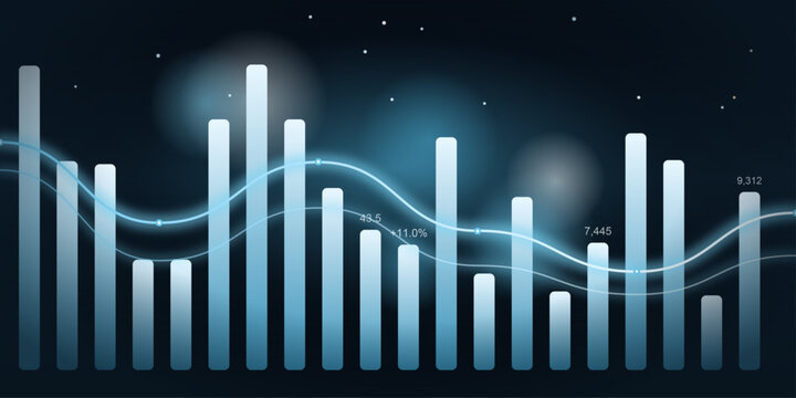 A dynamic blue bar chart overlaid with a glowing wave line represents financial data and market trends against a dark, starry background.