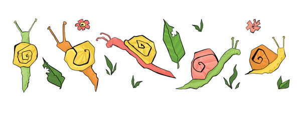 Obraz premium Cute snails and leaves. Hand drawn nature elements with colorful shells, flowers and greenery, playful garden collection, decorative doodle sticker. Vector cartoon isolated illustration