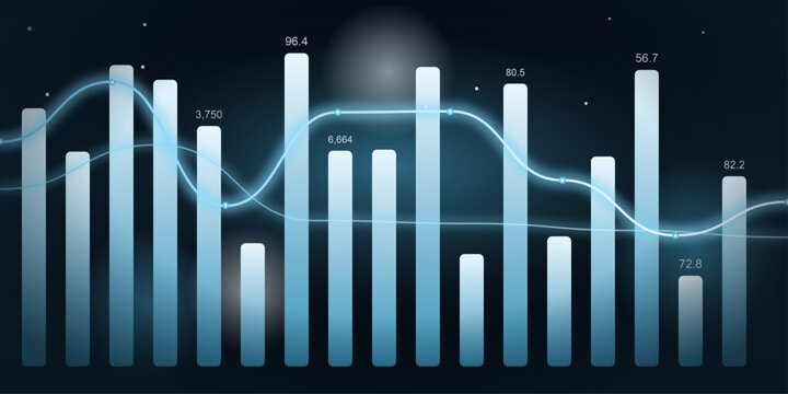 A glowing blue bar chart displays financial data and market trends with a superimposed line graph, rendered in a sophisticated digital art style.