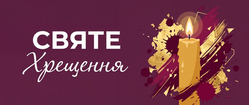 Holy Baptism candle background Ukrainian text for Christian sacrament banner greeting card template with golden abstract paint splashes burning flame on dark purple maroon backdrop holiday design