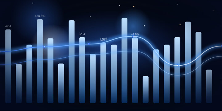 A dynamic 3D bar chart graphic displays fluctuating data trends against a dark, starry background, accented by glowing blue lines and light effects, symbolizing analytics and progress.