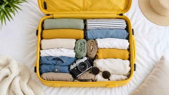 Top-down stop-motion of packing a travel suitcase