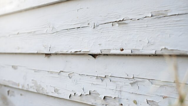 Closeup of weathered white wooden siding with peeling paint texture