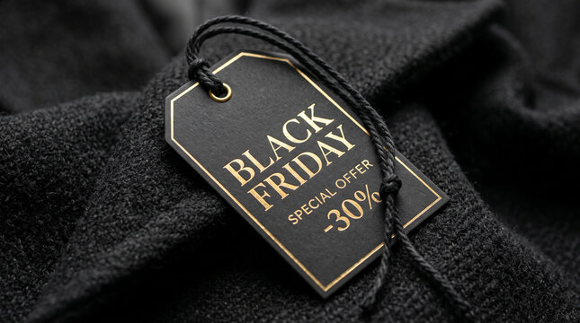 Black Friday sale tag with 30% discount on black fabric background  