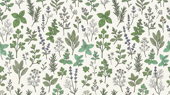 Seamless pattern with hand drawn watercolor herbs and spices on light background.