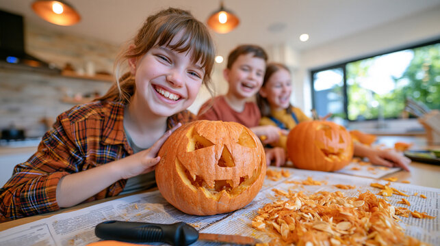 Rustic farmhouse kitchen filled with pumpkin carving tools, seeds and pulp spread across newspaper-covered table, three siblings laughing mid-carve, jack-o-lantern faces emerging from orange gourds,