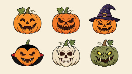 Fototapeta premium Collection of six cartoon Halloween pumpkins with spooky faces.