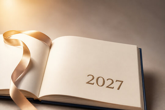 An open, cream-colored planner or book with the year 2027 visible on the right page, tied with a gold ribbon, set against a neutral background.
