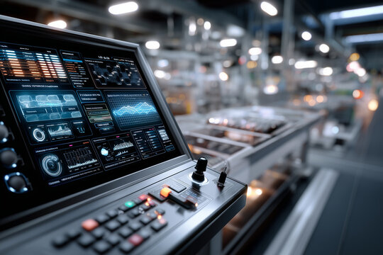  AI manufacturing dashboard with holographic production efficiency and maintenance.
