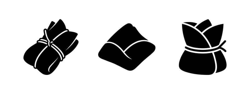 Wrapped food parcels and leaf bundle icons in black and white vector art