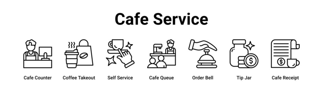 Cafe Service web banner icon vector illustration concept for Food & Beverage with icon of Cafe Counter, Coffee Takeout, Self Service, Cafe Queue, Order Bell, Tip Jar.