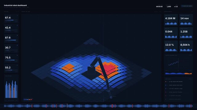 An industrial robot dashboard visualizes joint wear prediction from motion cycles with a dark mode layout, featuring animated metrics and a heatmap of wear data.