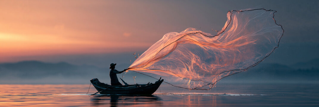 Silhouetted fisherman casting a net at dawn, with a colorful sky in the background.