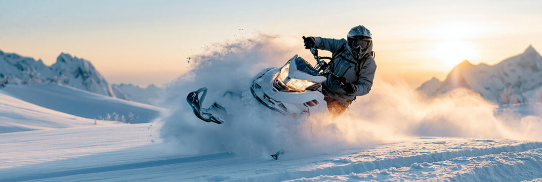 A male rider enjoying snowmobiling at sunset in a snowy landscape.