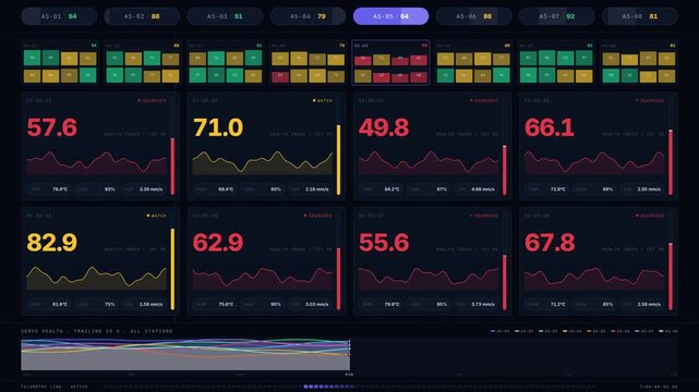 A comprehensive robot reliability dashboard displaying servo health across multiple assembly stations with dynamic metrics and animated visualizations in a sleek design.