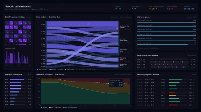 A robotic cell dashboard visualizing downtime prediction through repeated error patterns, featuring animated flow diagrams and probability charts in a dark interface.