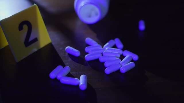Criminal investigation of a gloved hand setting a yellow evidence marker next to white pills on a wooden table under window frame shadows and flashing police lights, close up.