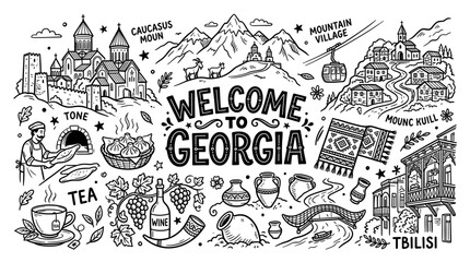 Fototapeta premium Hand Drawn Georgia Travel Doodle Map Illustration