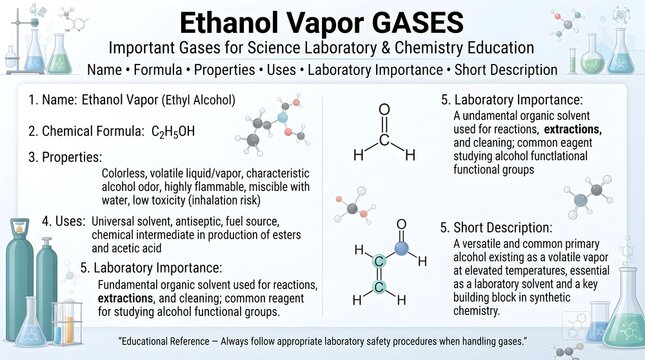 Ethanol vapor gas laboratory chemistry reference infographic featuring formula C2H6O, alcohol structure, solvent properties, fermentation source, disinfectant uses, flammability hazards, volatility, a