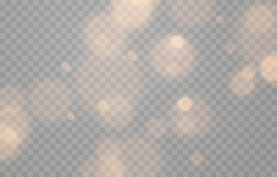 Glowing golden bokeh PNG. Festive background with golden bokeh. Light effect. Abstract design concept.