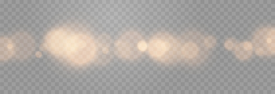 Glowing golden bokeh PNG. Festive background with golden bokeh. Light effect. Abstract design concept.