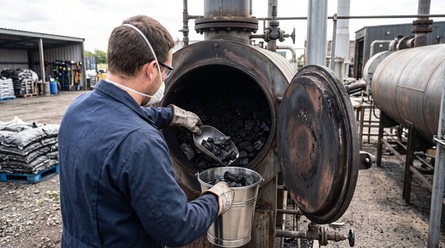 Worker Scooping Biochar From Industrial Retort
