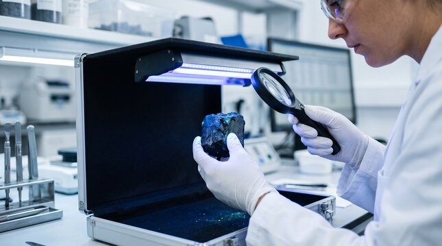 Scientist Examining Mineral Specimen Under UV Light in Laboratory