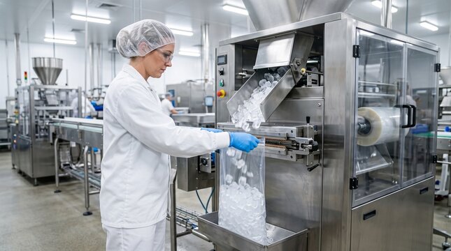 Factory worker packing ice cubes on packaging machine