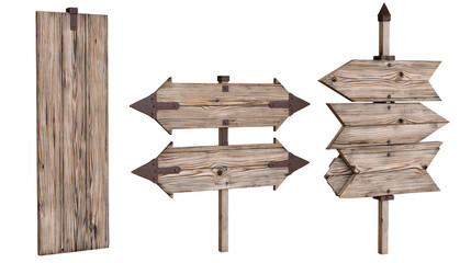 Weathered wooden directional signposts with rustic metal brackets and hardware © Tibor